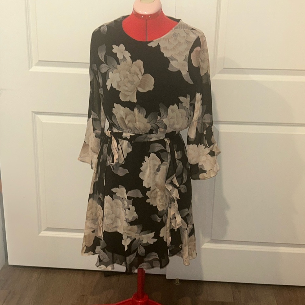 Calvin Klein Pink Black Floral Ruffle Sleeve Dress Size XL